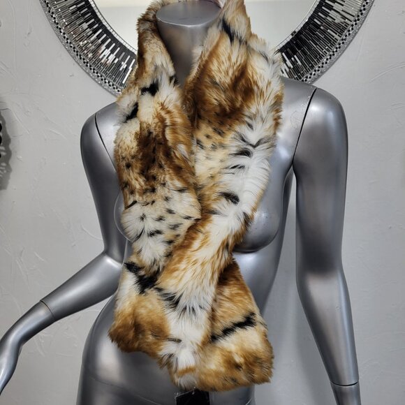 NWT~PAMELA MCCOY~BROWN BLACK FAUX FOX MINK FUR ANIMAL PRINT STOLE SCARF WRAP HAT - Picture 8 of 16